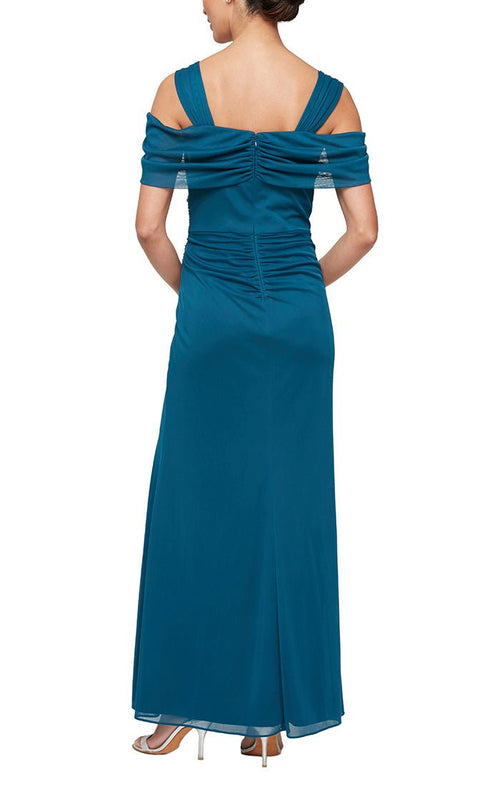 Long Cold Shoulder Dress with Surplice Neckline & Beaded Detail at Hip - alexevenings.com