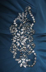 Long Cold Shoulder Dress with Surplice Neckline & Beaded Detail at Hip - alexevenings.com