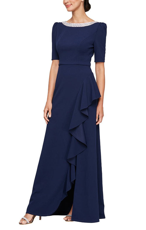 Long Embellished Neck Stretch Crepe Dress with Elbow Sleeves & Cascade Detail Skirt - alexevenings.com