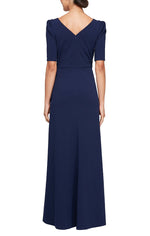 Long Embellished Neck Stretch Crepe Dress with Elbow Sleeves & Cascade Detail Skirt - alexevenings.com