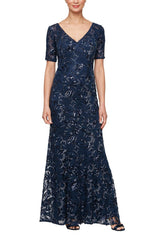 Long Embroidered V - Neck Dress with Illusion Neckline and Elbow Sleeves - alexevenings.com