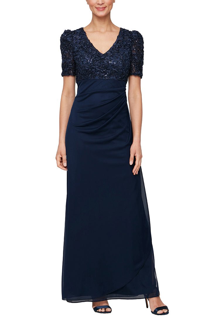 Long Empire Waist Dress with Soutache Bodice, Puff Sleeve Detail & Cascade Ruffle Skirt - alexevenings.com