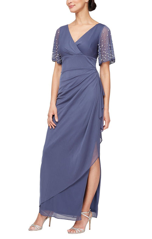 Long Empire Waist Dress with Surplice Neckline & Embellished Flutter Sleeves - alexevenings.com