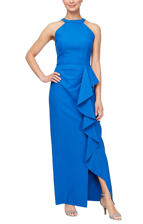 Long Halter Neck Compression Gown with Cascade Ruffle Detail - alexevenings.com