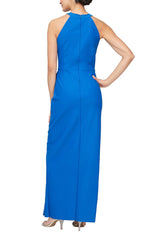 Long Halter Neck Compression Gown with Cascade Ruffle Detail - alexevenings.com