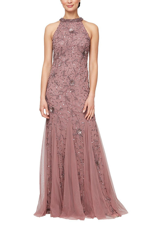 Long Halter Neck Hand Beaded Fit & Flare Gown with Godet Detail - alexevenings.com