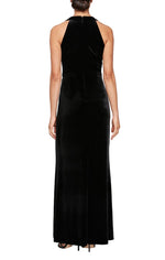 Long Halter Neck Velvet Dress with Illusion Inset Neckline, Beaded Hip & Front Slit - alexevenings.com