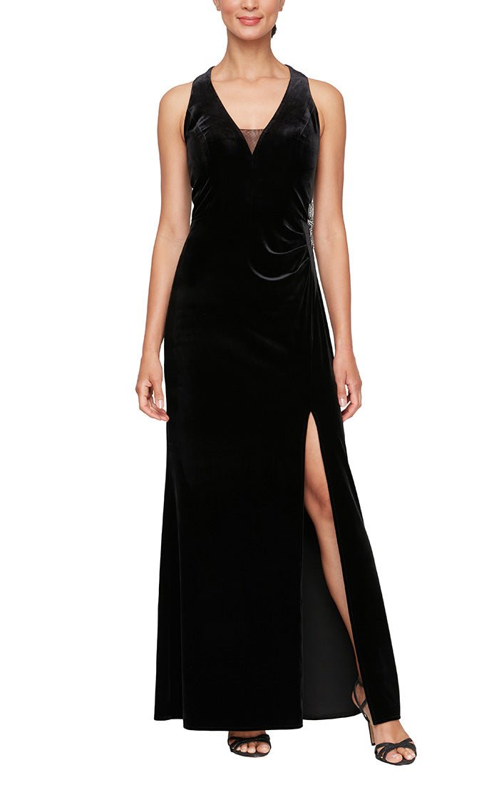 Long Halter Neck Velvet Dress with Illusion Inset Neckline, Beaded Hip & Front Slit - alexevenings.com