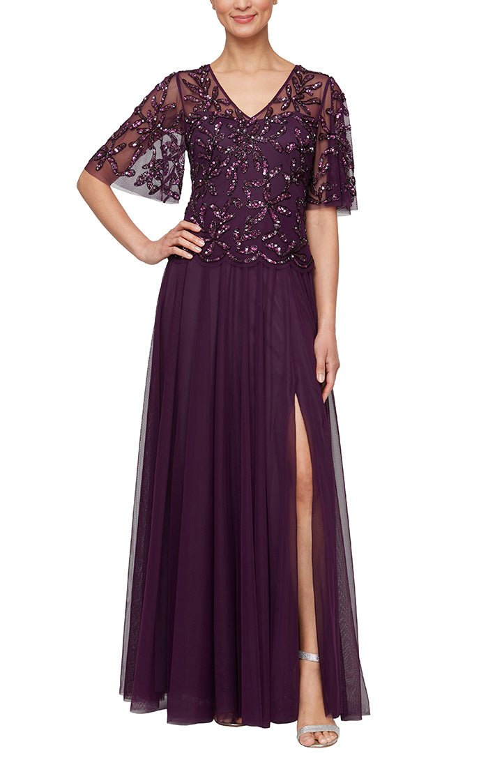 Long Hand Beaded Mock Dress with V - Neckline & Illusion Flutter Sleeves - alexevenings.com