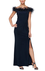 Long Off the Shoulder Gown With Front Slit & Maribou Detail Neckline - alexevenings.com