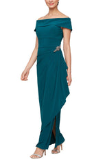 Long Off-the-Shoulder Matte Jersey Dress with Foldover Cuff, Embellishment Detail at Hip and Cascade Ruffle Skirt - alexevenings.com