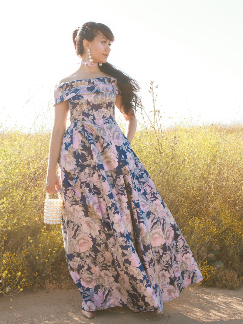 Long Off-the-Shoulder Printed Jacquard Ballgown with Pockets - alexevenings.com