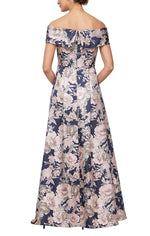 Long Off-the-Shoulder Printed Jacquard Ballgown with Pockets - alexevenings.com