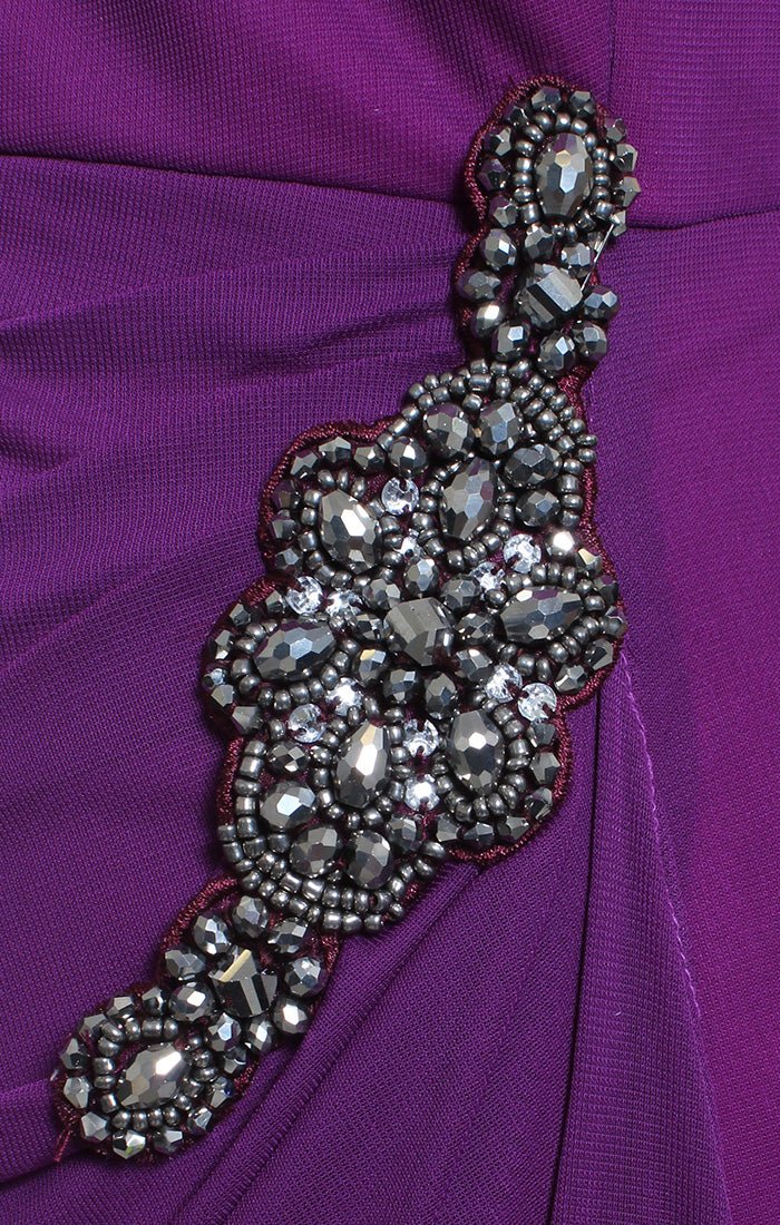 Long One Shoulder Dress with Beaded Hip Detail and Cascade Ruffle Skirt - alexevenings.com