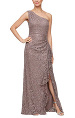 Long One Shoulder Dress with Cascade Ruffle Detail - alexevenings.com