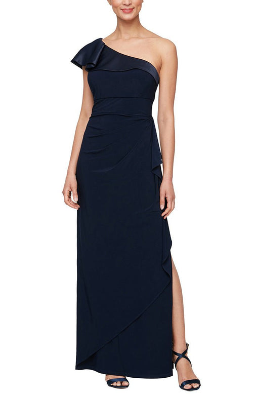 Long One Shoulder Dress with Charmeuse Overlay & Cascade Ruffle Skirt - alexevenings.com