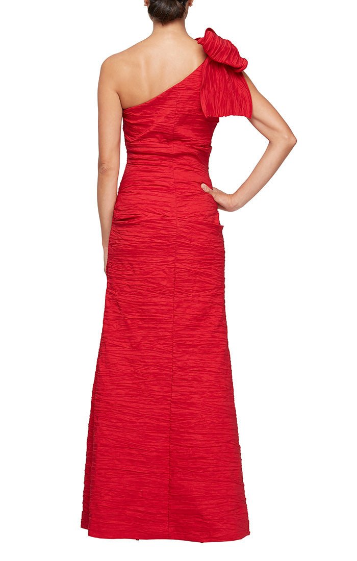 Long One Shoulder Stretch Taffeta Gown with Bow Shoulder Detail - alexevenings.com