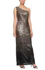 Long Sequin Ombre One Shoulder Dress - alexevenings.com