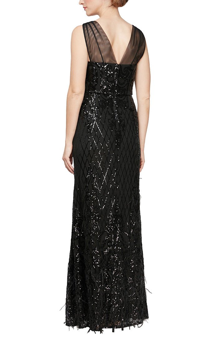 Long Sleeveless Dress With Illusion Detail Neckline and Feather Detail Skirt - alexevenings.com