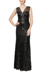 Long Sleeveless Dress With Illusion Detail Neckline and Feather Detail Skirt - alexevenings.com