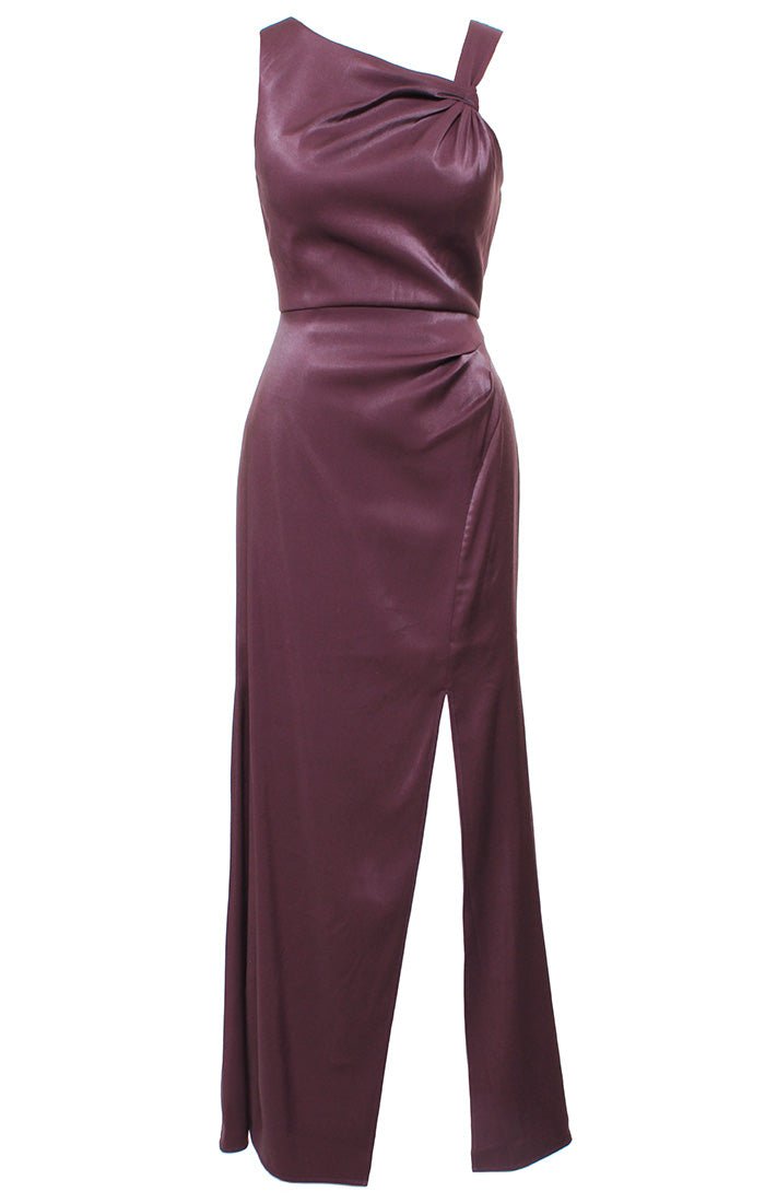 Long Sleeveless L - Neck Dress with Wrap Front Slit Skirt - alexevenings.com