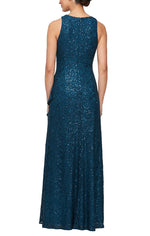 Long Sleeveless Lace Dress with Cascade Ruffle Front Slit Detail - alexevenings.com