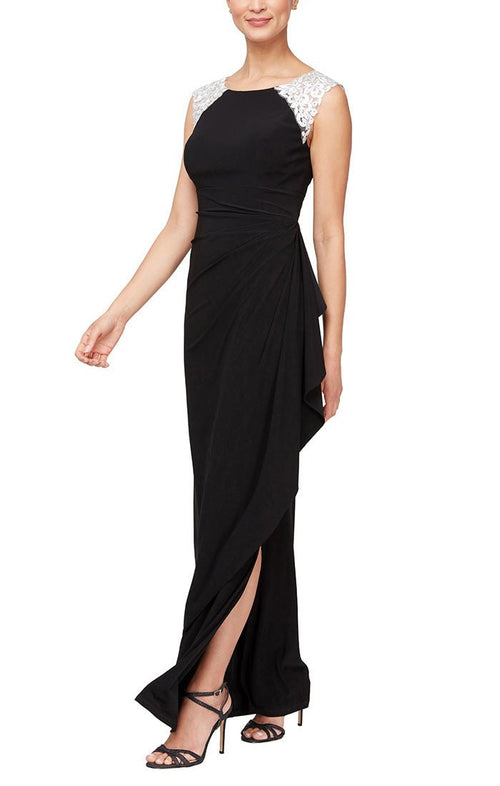Long Sleeveless Matte Jersey Dress with Embroidered Shoulder Detail - alexevenings.com