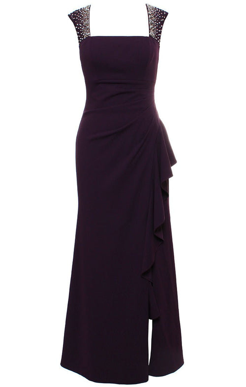 Long Sleeveless Square Neck Dress with Heatset Illusion Neckline & Cascade Ruffle Skirt - alexevenings.com