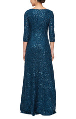 Long Square Neck Dress with Cording Detail & Cascade Ruffle Skirt - alexevenings.com