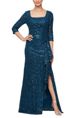 Long Square Neck Dress with Cording Detail & Cascade Ruffle Skirt - alexevenings.com