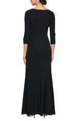 Long Square Neck Metallic Knit Dress with Embellishment Detail at Hip and 3/4 Sleeves - alexevenings.com