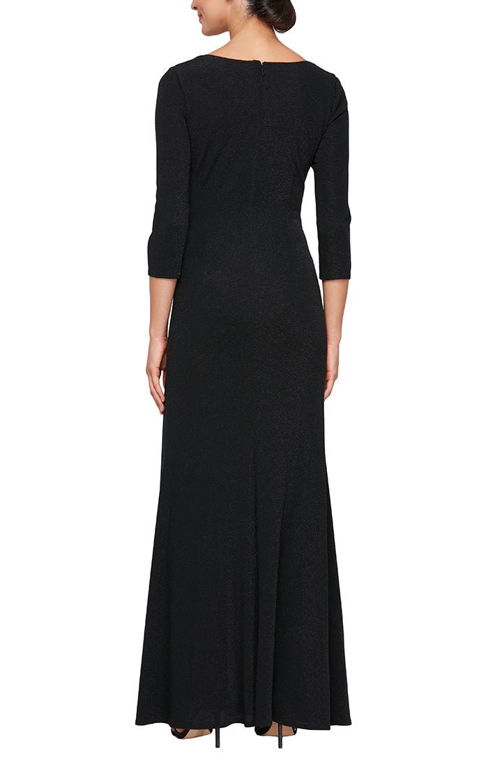 Long Square Neck Metallic Knit Dress with Embellishment Detail at Hip and 3/4 Sleeves - alexevenings.com