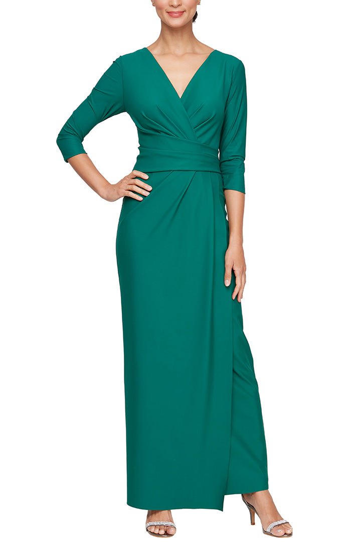 Long Surplice Compression Column Dress with Tucking Detail at Waist - alexevenings.com