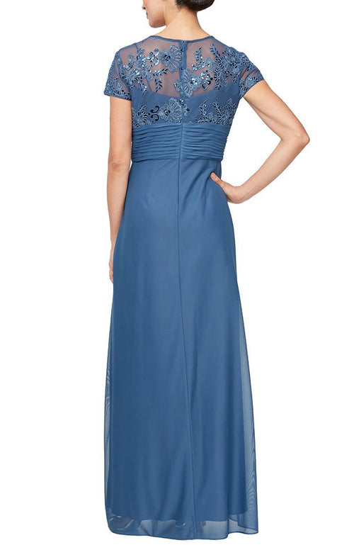 Long Surplice Neckline A-Line Dress with Embroidered Pleated Waist and Scallop Detail - alexevenings.com