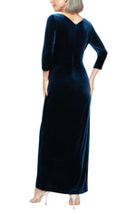 Long Surplice Neckline Velvet Dress with Tulip Overlay Hem Skirt and 3/4 Sleeves - alexevenings.com