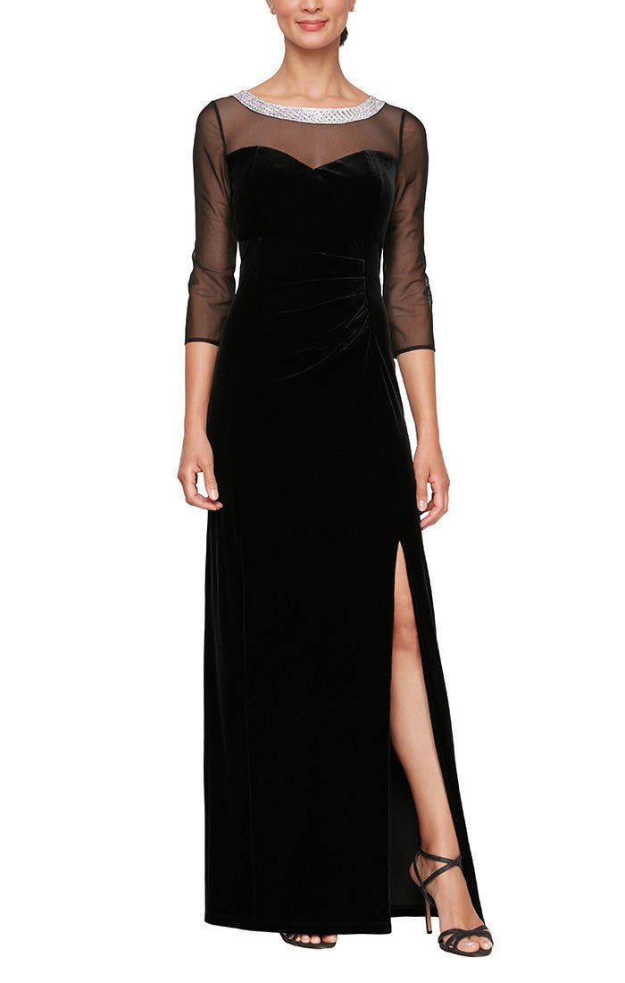 Long Velvet 3/4 Sleeve Side Ruched Dress with Embellished Neckline - alexevenings.com