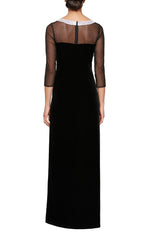 Long Velvet 3/4 Sleeve Side Ruched Dress with Embellished Neckline - alexevenings.com