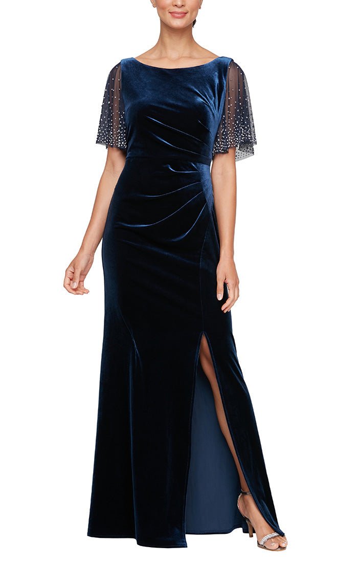 Long Velvet Fit and Flare Gown with Heat Set Illusion Flutter Sleeves and Front Slit - alexevenings.com