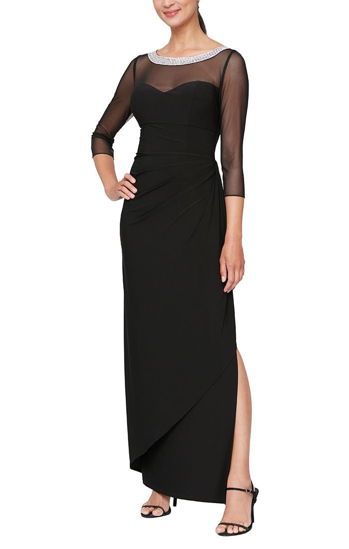 Matte Jersey Illusion 3/4 Sleeve Side Ruched Dress with Embellished Neckline - alexevenings.com