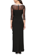 Matte Jersey Illusion 3/4 Sleeve Side Ruched Dress with Embellished Neckline - alexevenings.com