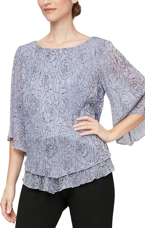 Metallic Knit Blouse with Pointed Double Tier Hem - alexevenings.com
