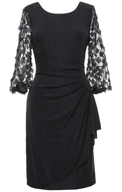 Metallic Knit Cocktail Dress with 3 - D Floral Illusion Sleeves & Cascade Ruffle Skirt - alexevenings.com