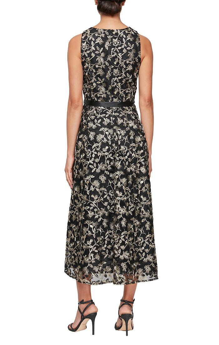 Midi Embroidered Sleeveless Dress with High/Low Hem & Tie Belt - alexevenings.com