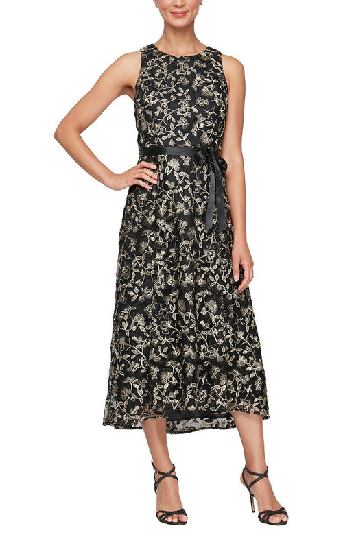 Midi Embroidered Sleeveless Dress with High/Low Hem & Tie Belt - alexevenings.com