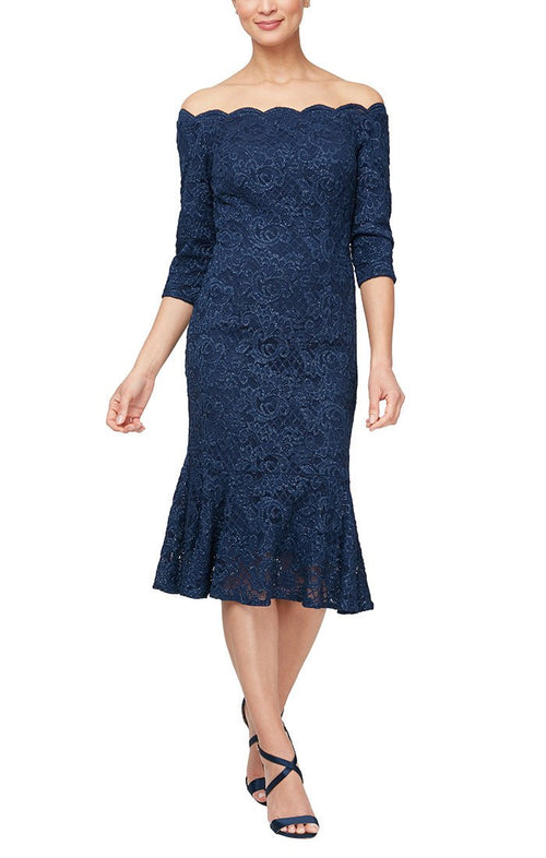 Off the Shoulder Glitter Fit and Flare Dress with Scallop Detail Neckline - alexevenings.com