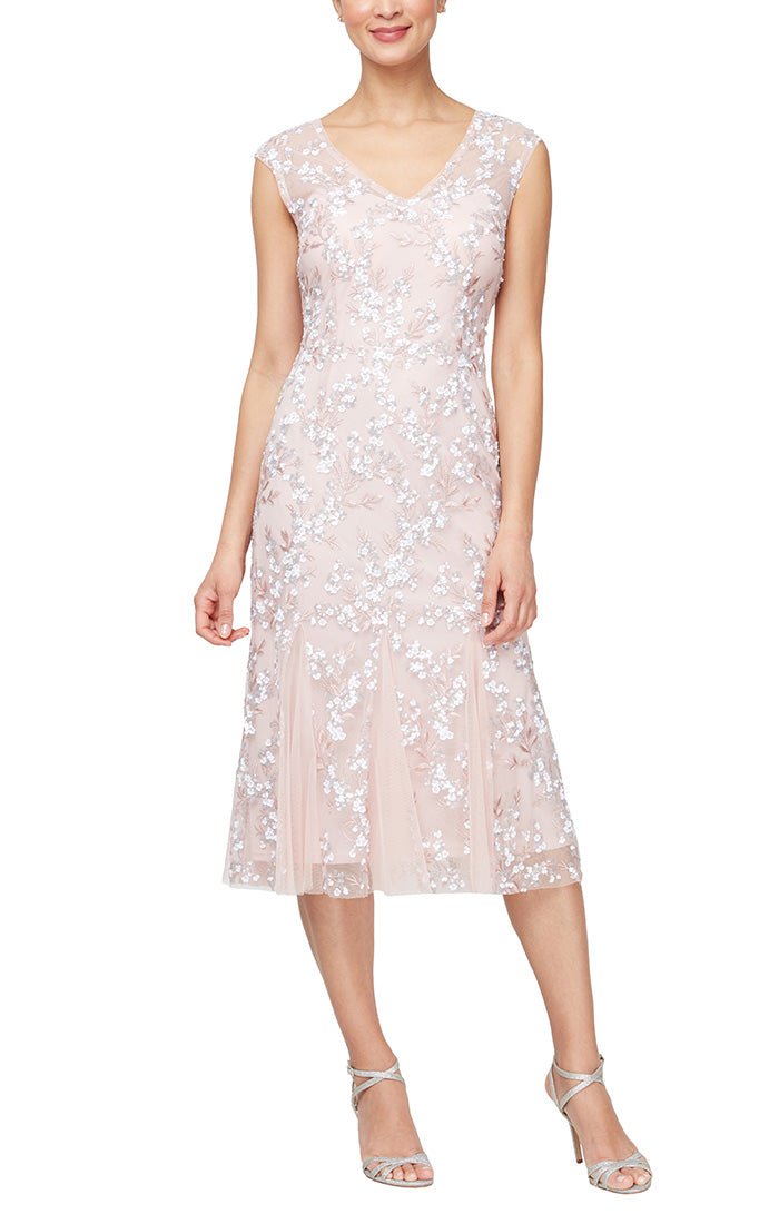 Petite 3-D Embroidered Fit & Flare Party Dress with Godet Detail Hem - alexevenings.com