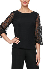 Petite 3/4 Sleeve Blouse with 3 - D Flower Illusion Sleeves - alexevenings.com