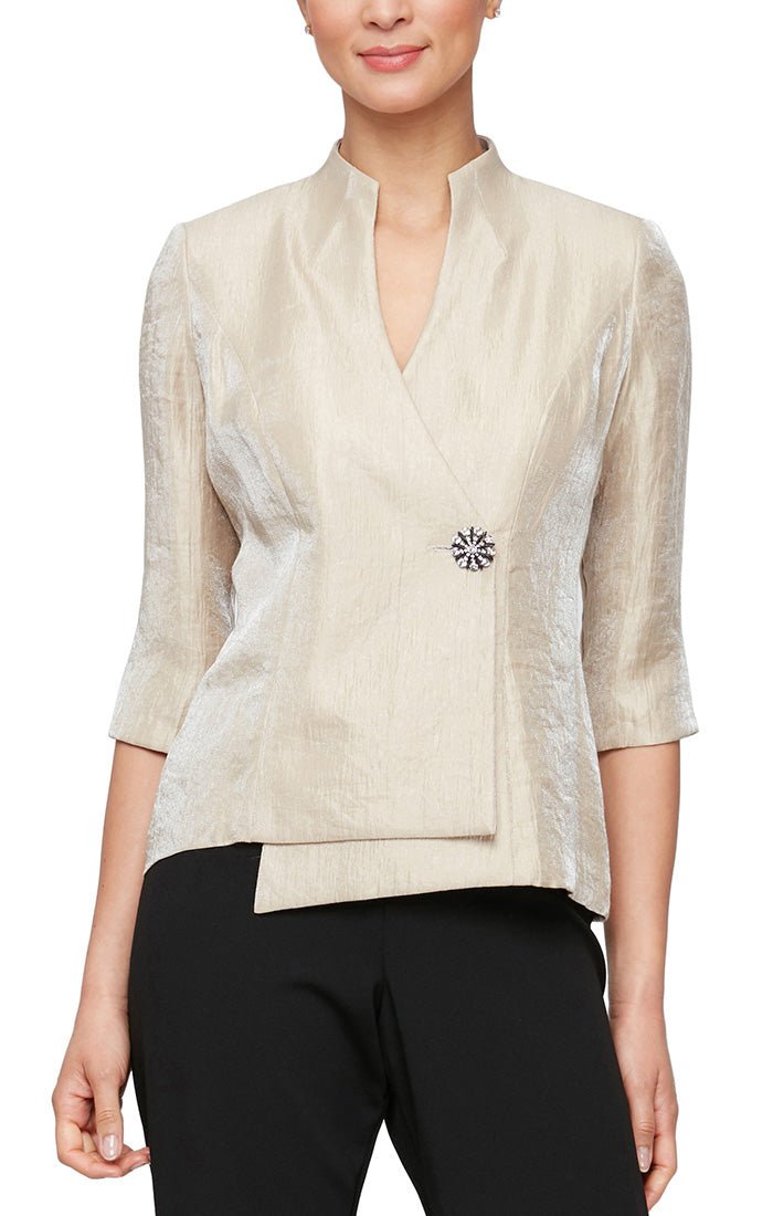 Petite 3/4 Sleeve Blouse with Asymmetric Overlay Hem and Embellished Closure - alexevenings.com