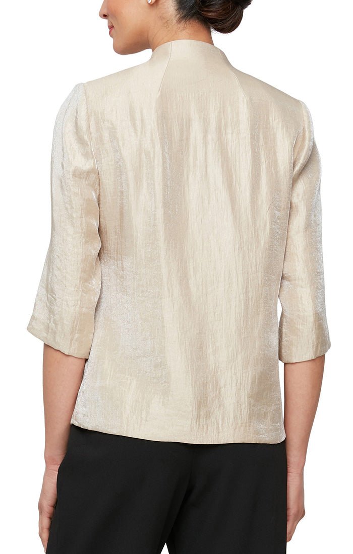 Petite 3/4 Sleeve Blouse with Asymmetric Overlay Hem and Embellished Closure - alexevenings.com