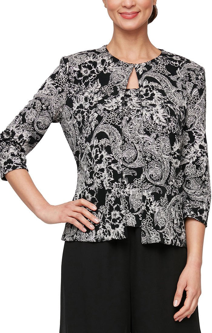 Petite 3/4 Sleeve Printed Twinset with Scoop Neck Tank and Hook Neck Closure Jacket - alexevenings.com